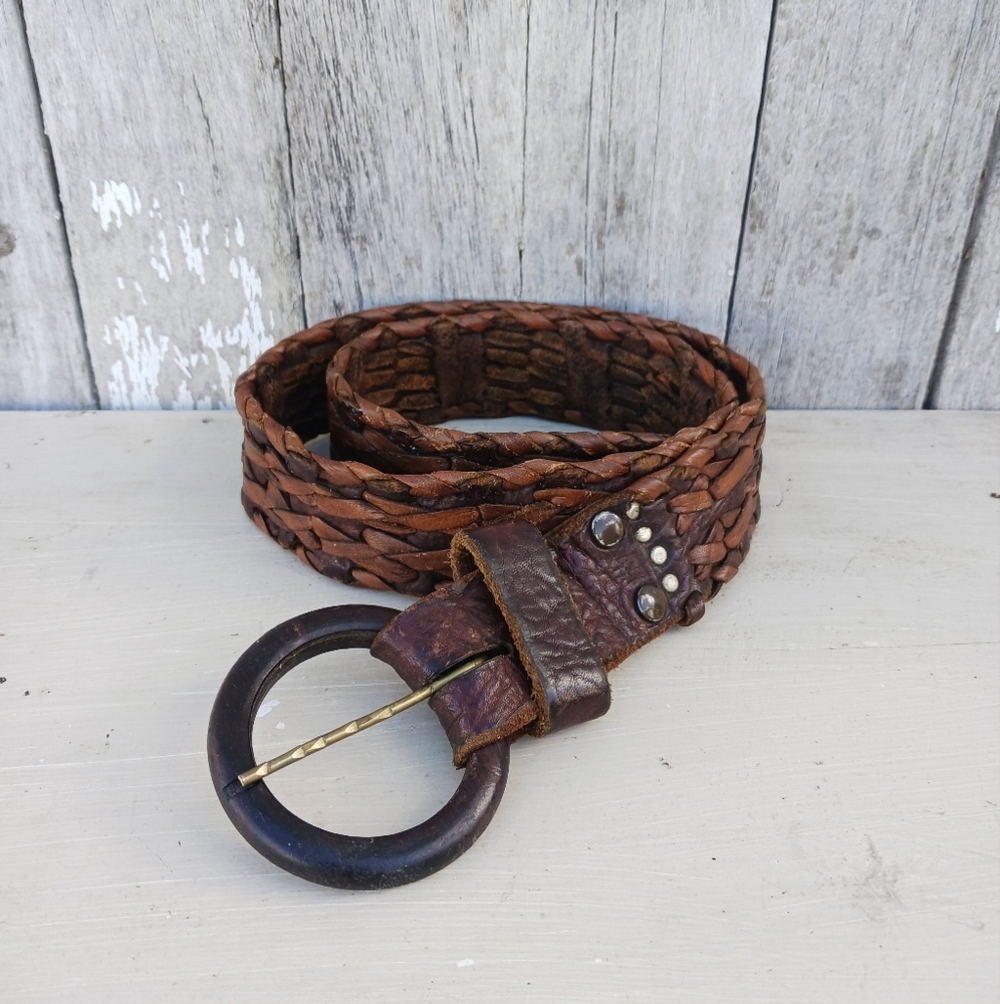 Handmade Size‎ XS/S Leather Woven Belt Wood Buckle Made in Mexico Western